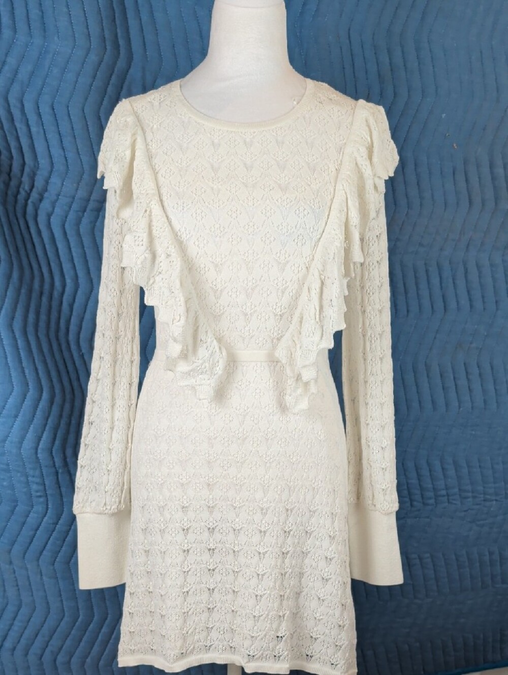 NWT ZARA Cream Pointelle Knit Ruffle Long Sleeve Mini Dress Lined | Size S Small